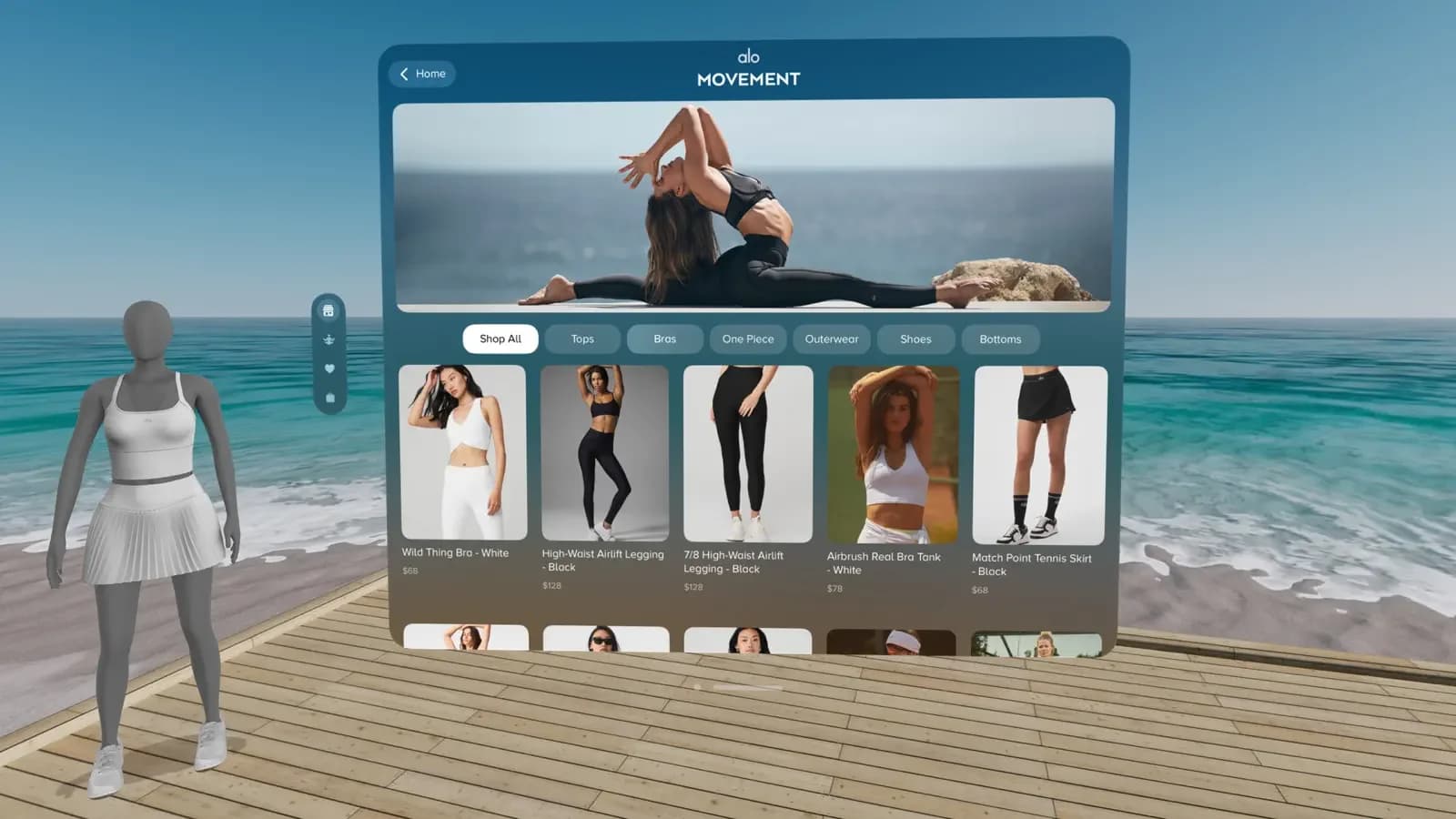 Catálogo de Alo con un maniquí frente al mar en la app Sanctuary.