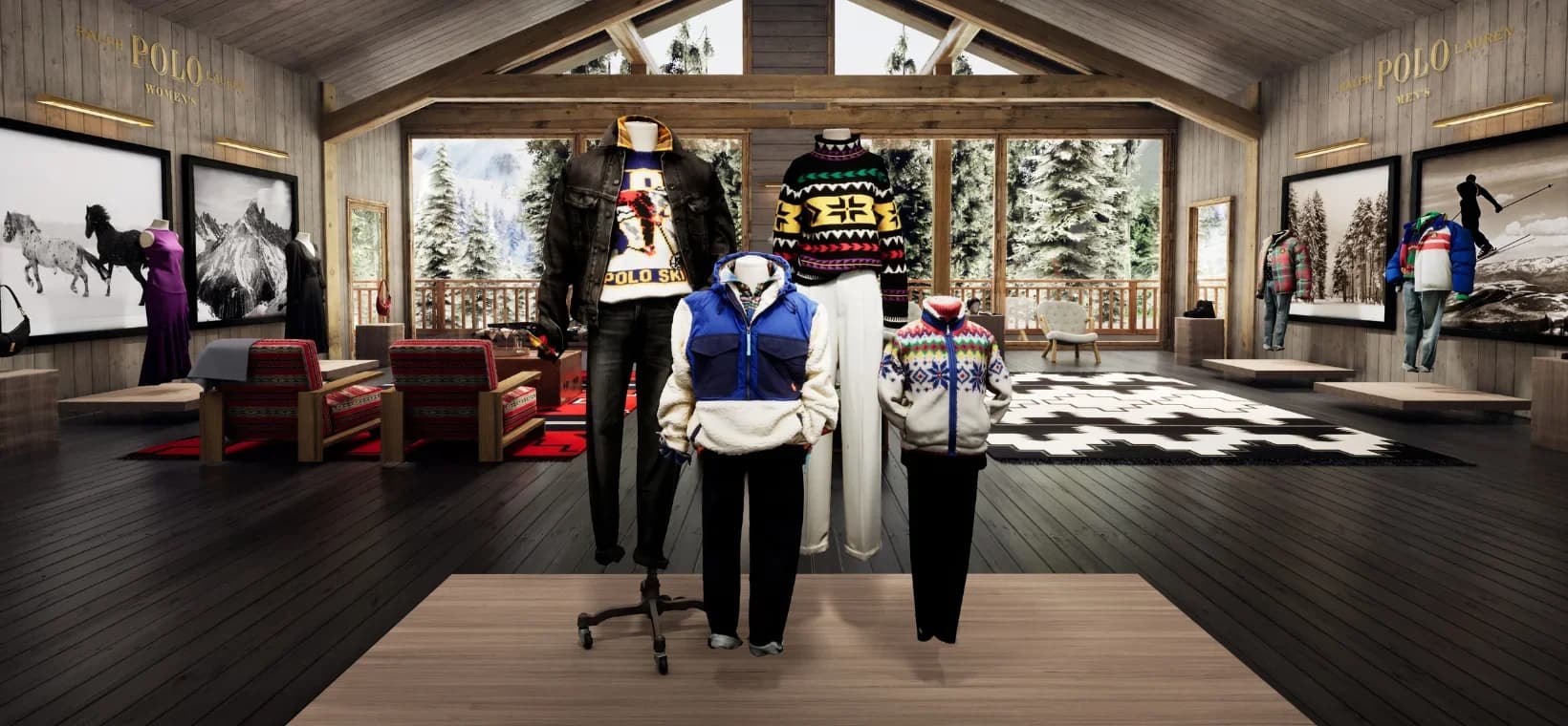 Habitación virtual de Polo Ralph Lauren en Bloomingdale’s, con prendas de invierno y un paisaje nevado.