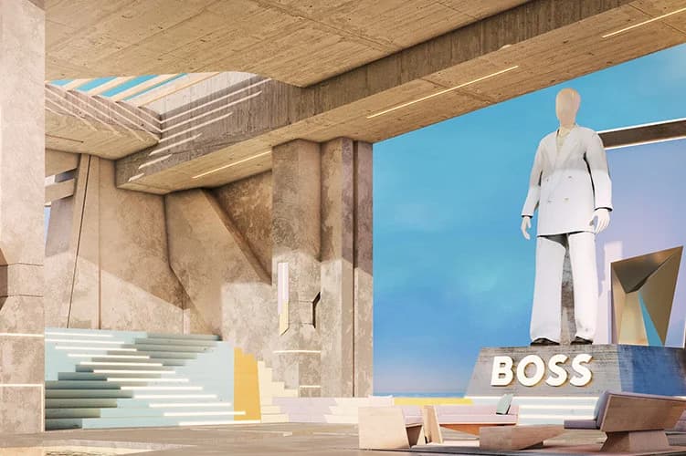 Showroom inmersivo BOSS presentado durante Metaverse Fashion Week en 2023.