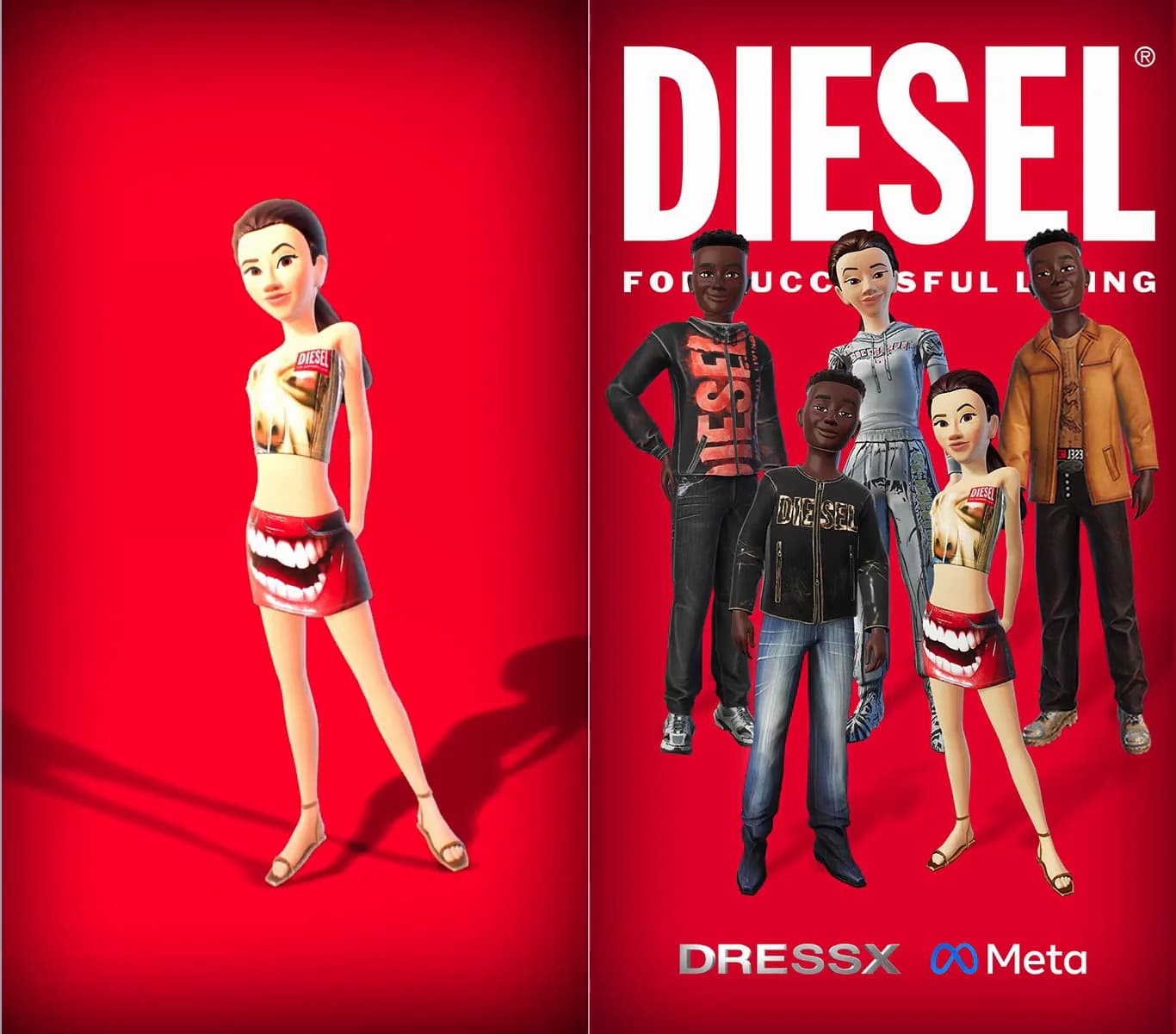 Avatar con top y falda junto al grupo de looks Diesel para Meta Avatars Store.