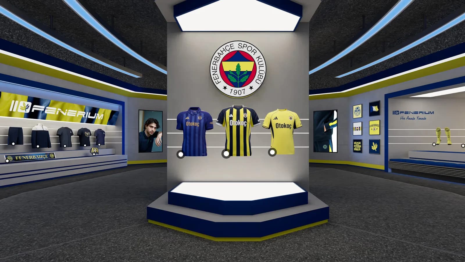 Vestuario virtual Fenerium con camisetas, escudo de Fenerbahçe y expositores de equipación.