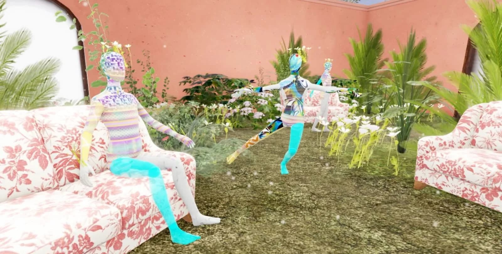Avatares sobre asientos florales en el jardín virtual de Gucci Garden en Roblox.