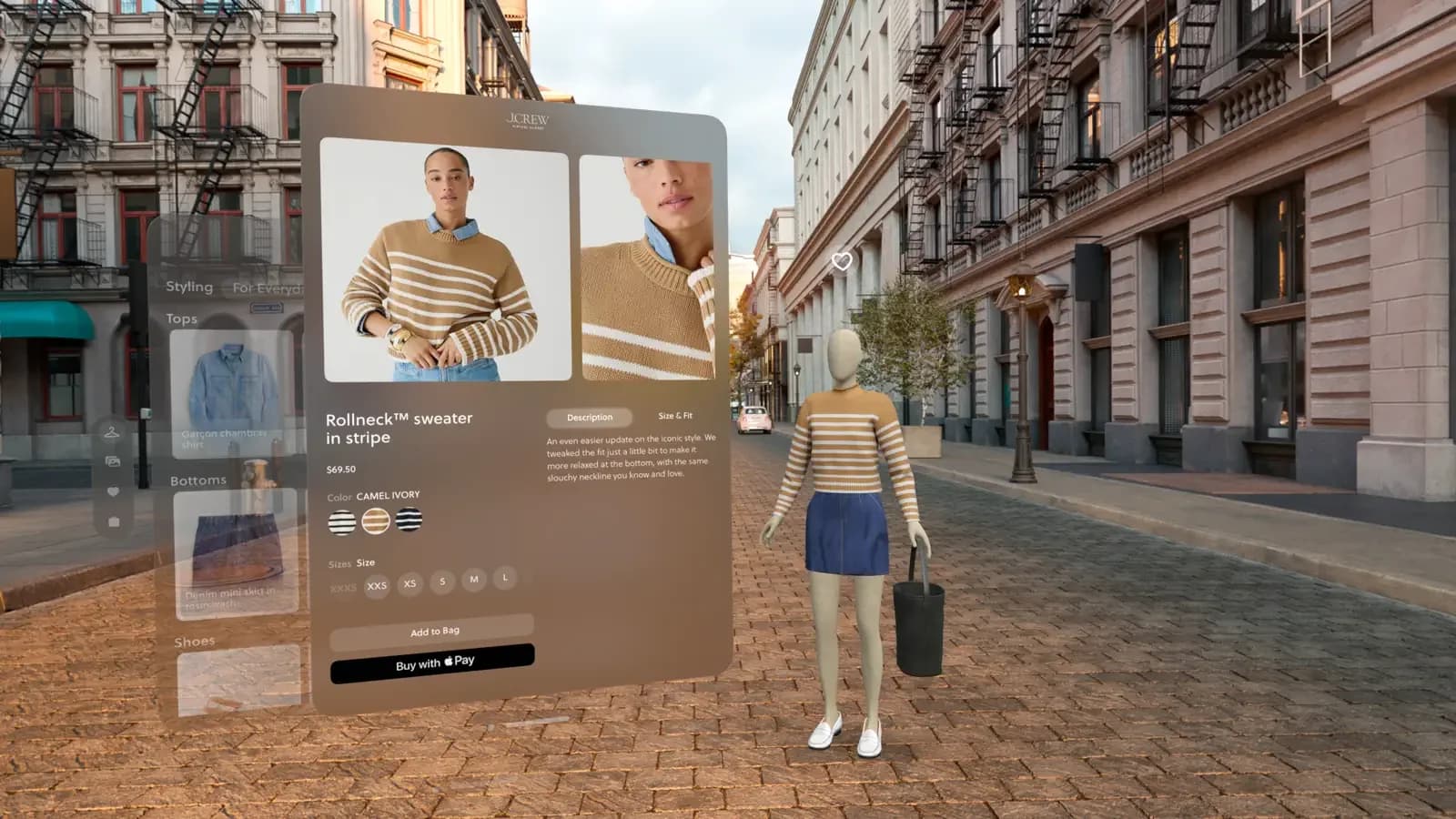 Vista de la ciudad con maniquí y ficha de producto flotante en J.Crew Virtual Closet.