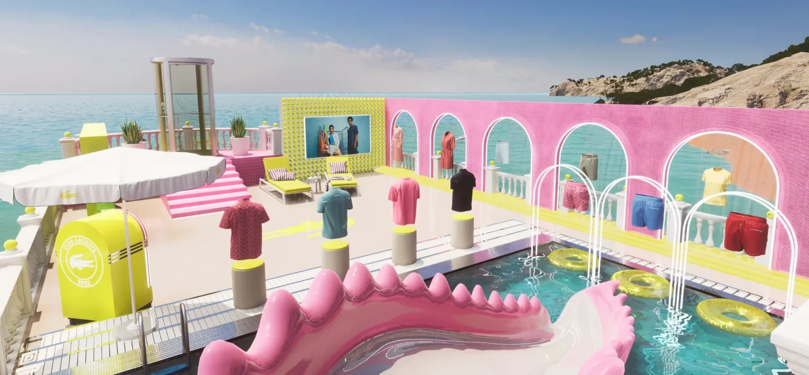 Terraza virtual de Lacoste junto al mar con piscina, prendas expuestas y arcos rosas.