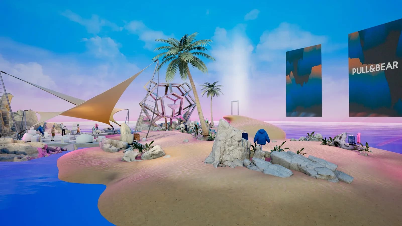 Isla virtual de Pull&Bear con palmeras, estructuras geométricas y escenarios de colores.