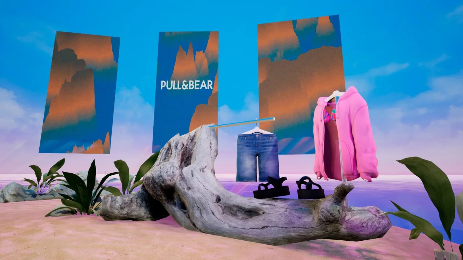 Sudaderas expuestas entre rocas y carteles de Pull&Bear en el escenario virtual.