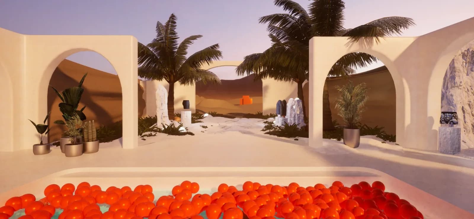 Piscina con esferas naranjas, arcos y palmeras en el showroom virtual SAXX DropTemp.