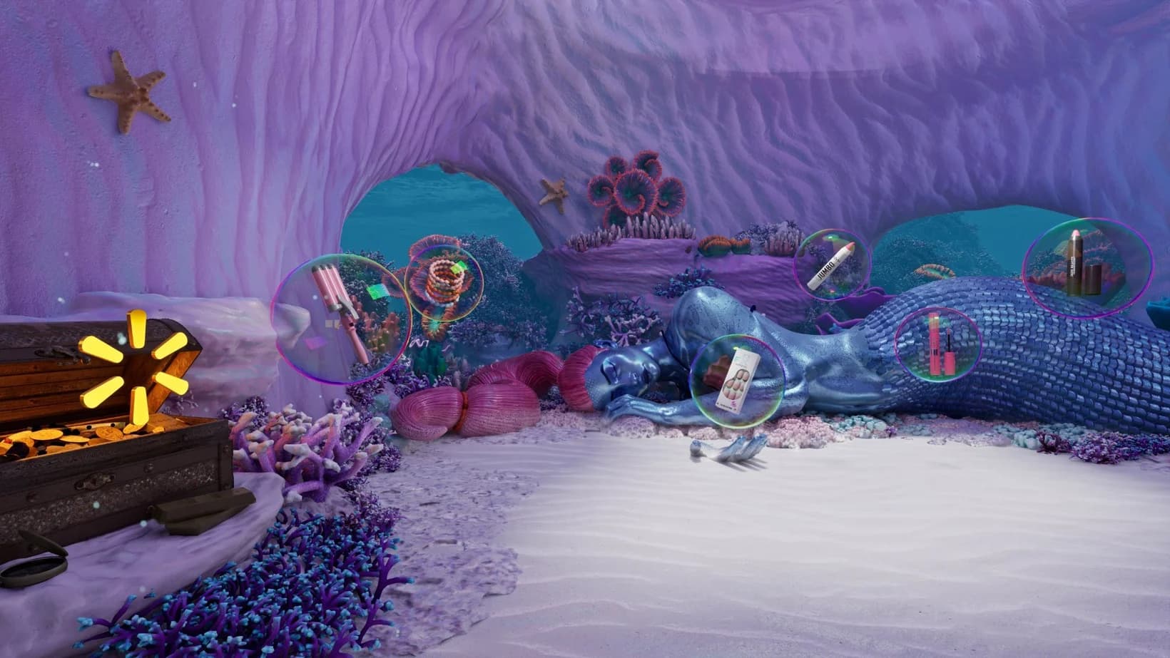 Escenario submarino del lanzamiento de Walmart Realm, con productos en burbujas y una sirena metálica.