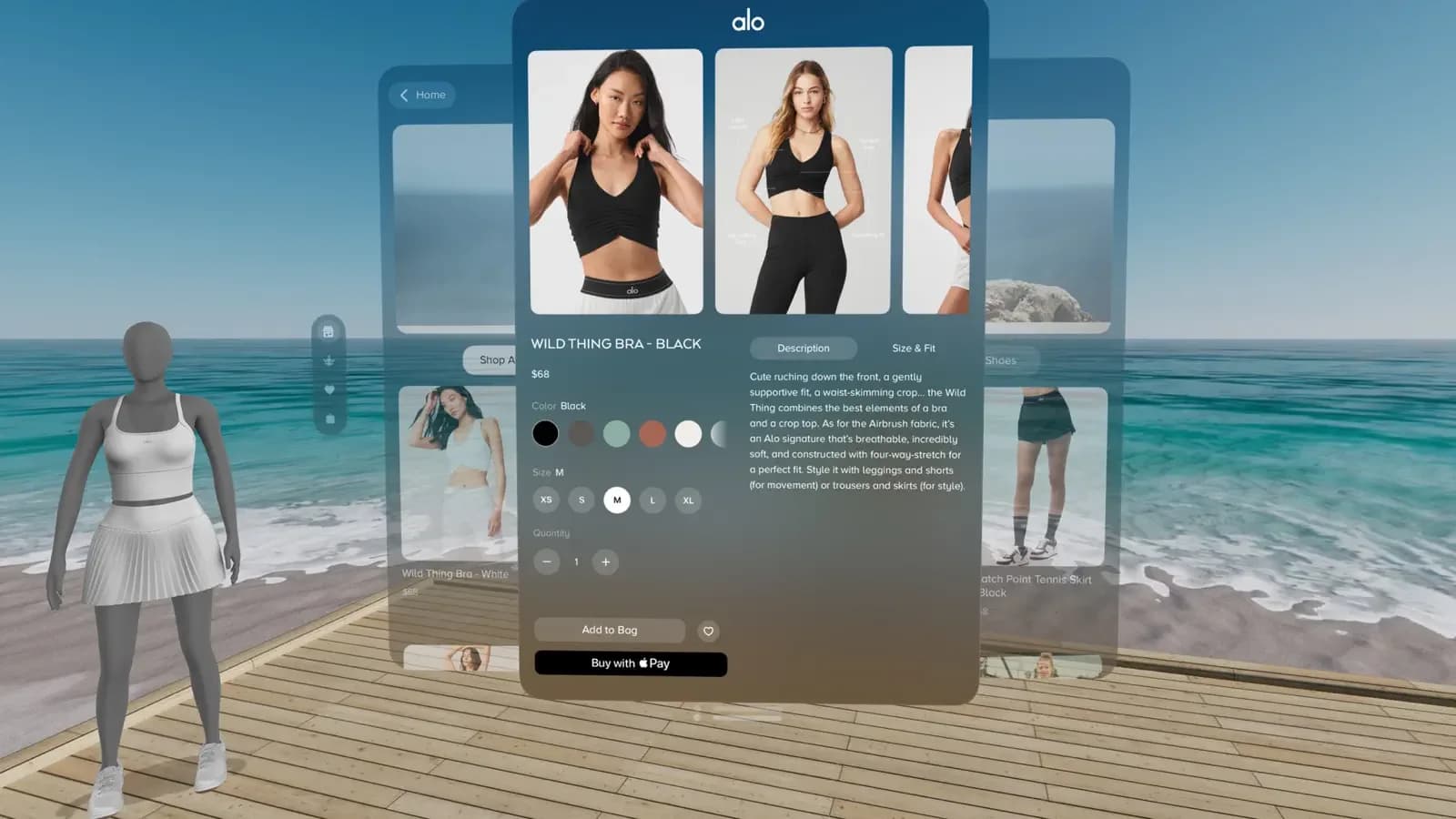 Ficha de una prenda en Alo Sanctuary con variantes de color junto a un maniquí.